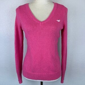 Hollister Pink V Neck Sweater Bird Logo Cute Knit Long Sleeve Women's Size Med